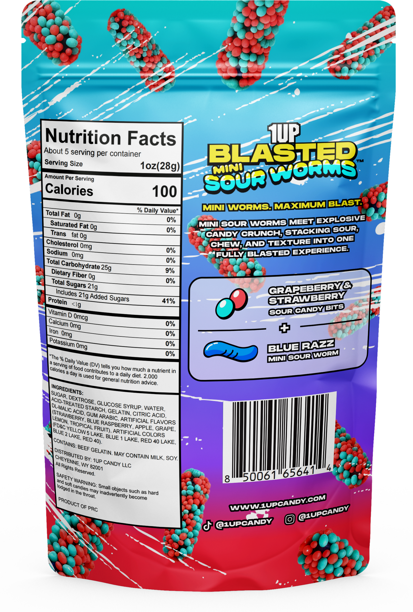 Blue Razzberry Blasted Mini Gummy Worms bag back