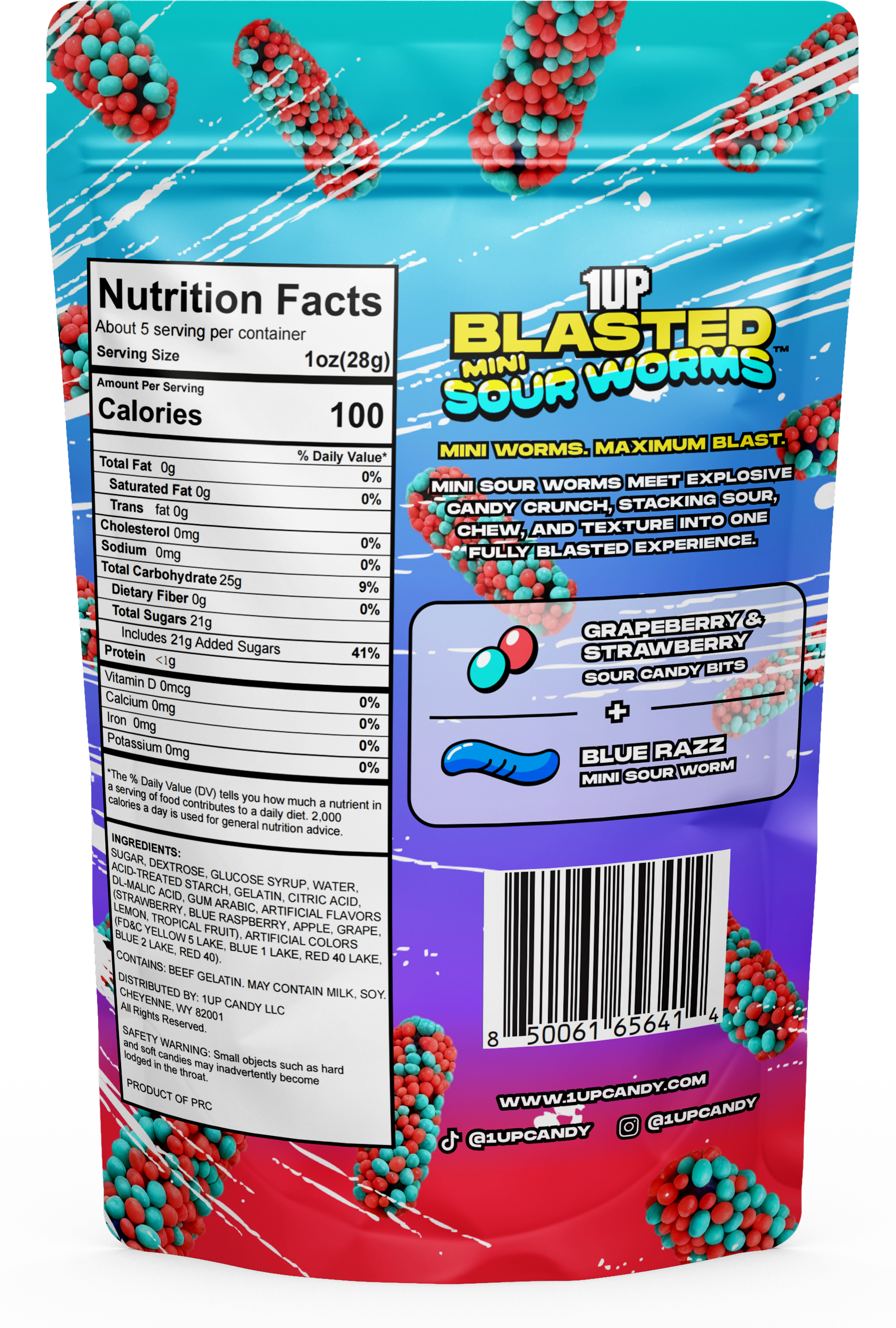 Blue Razzberry Blasted Mini Gummy Worms bag back