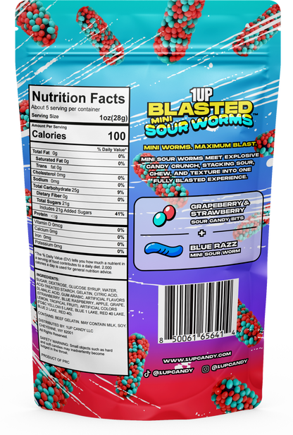 Blue Razzberry Blasted Mini Gummy Worms bag back