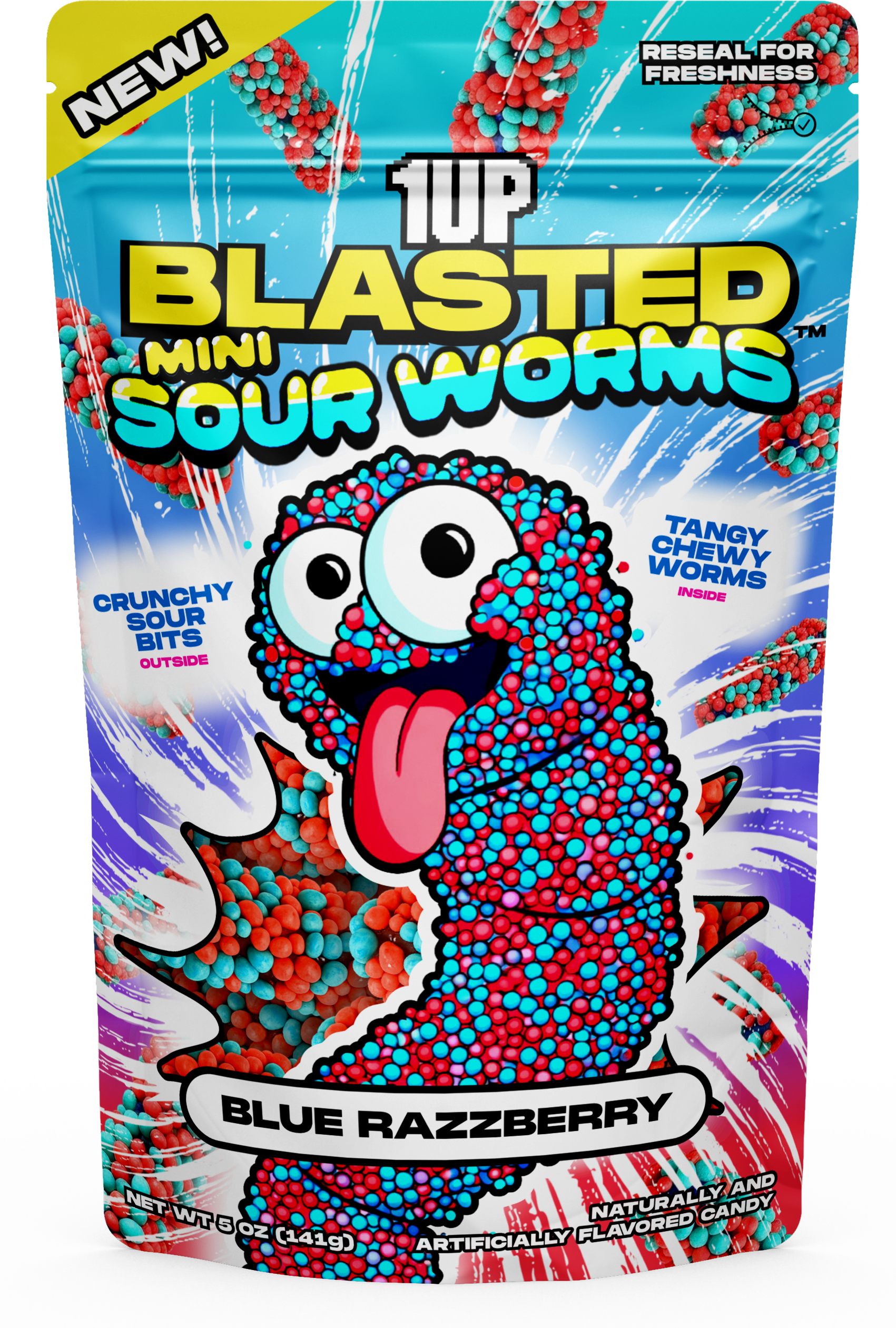 Blue Razzberry Blasted Mini Gummy Worms bag front